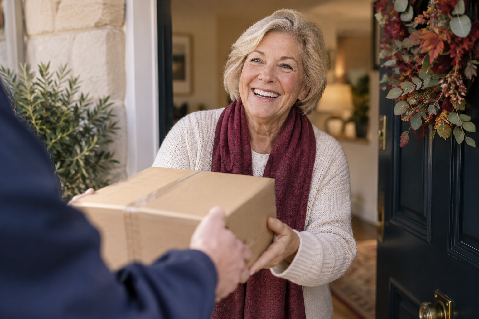A plain parcel being handed over at a front door