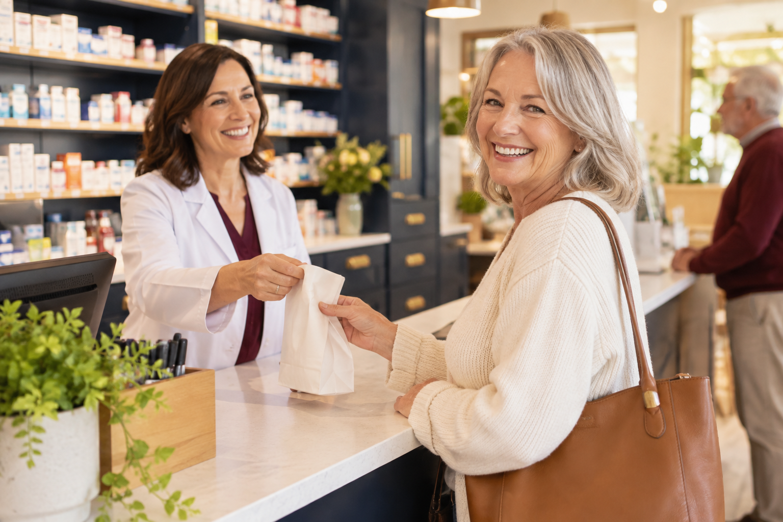 A pharmacy dispensing counter with stocked shelves behind it